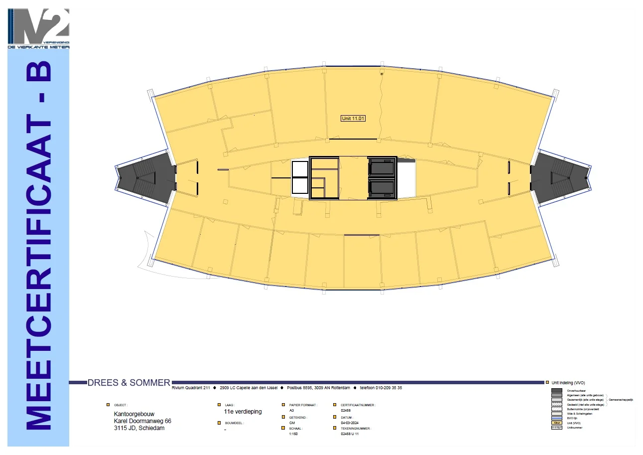 Plattegrond van de 11e verdieping van het kantoorgebouw aan de Karel Doormanweg 66 in Schiedam met aanduiding van unit 11.01.